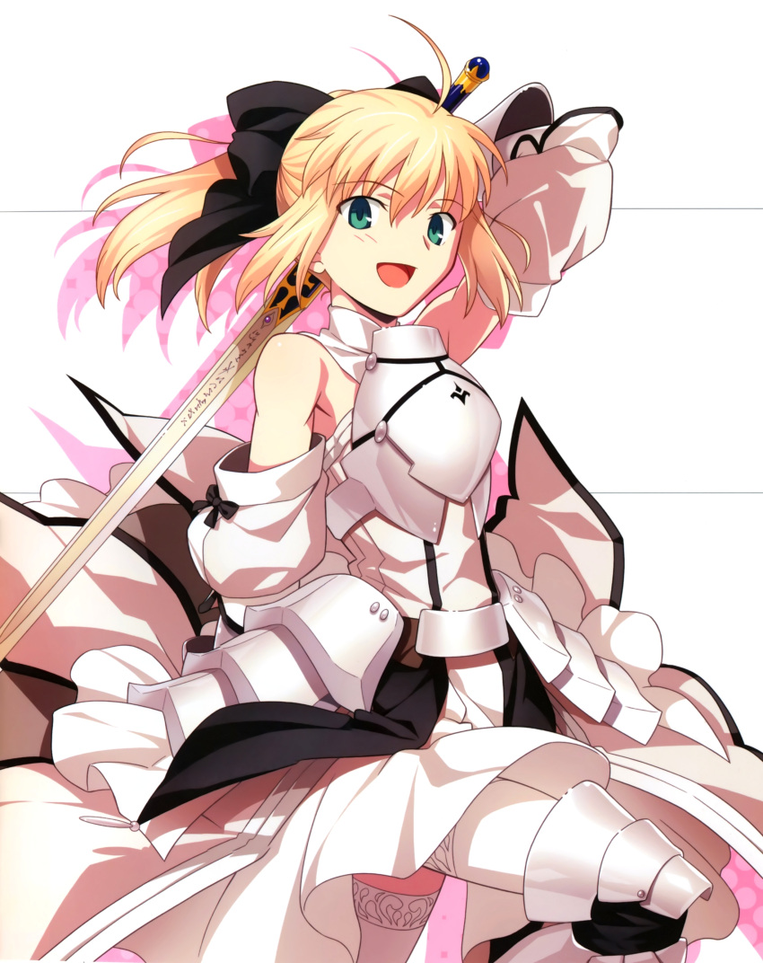:d, absurdres, armor, armored_dress, bare_shoulders, blonde_hair, caliburn, dress, fate/stay_night, fate/unlimited_codes, fate/zero, fate_(series), gauntlets, green_eyes, hair_ribbon, highres, higurashi_ryuuji, leg_lift, long_hair, official_art, open_mouth, ribbon, saber, saber_lily, smile, solo, sword, thigh-highs, thighhighs, type-moon, weapon, white, white_legwear