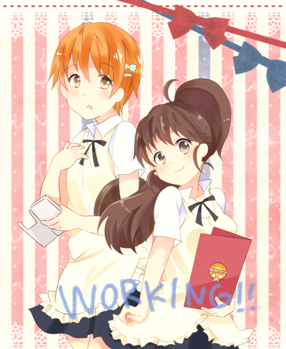 apron, blush, brown_eyes, brown_hair, hair_ornament, hairpin, inami_mahiru, long_hair