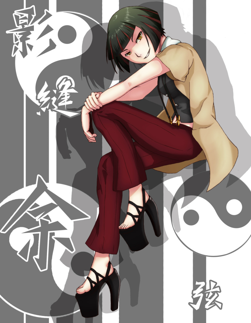 black_hair, feet, grin, high_heels, highlights, highres, kagenui_yozuru, monogatari_(series)