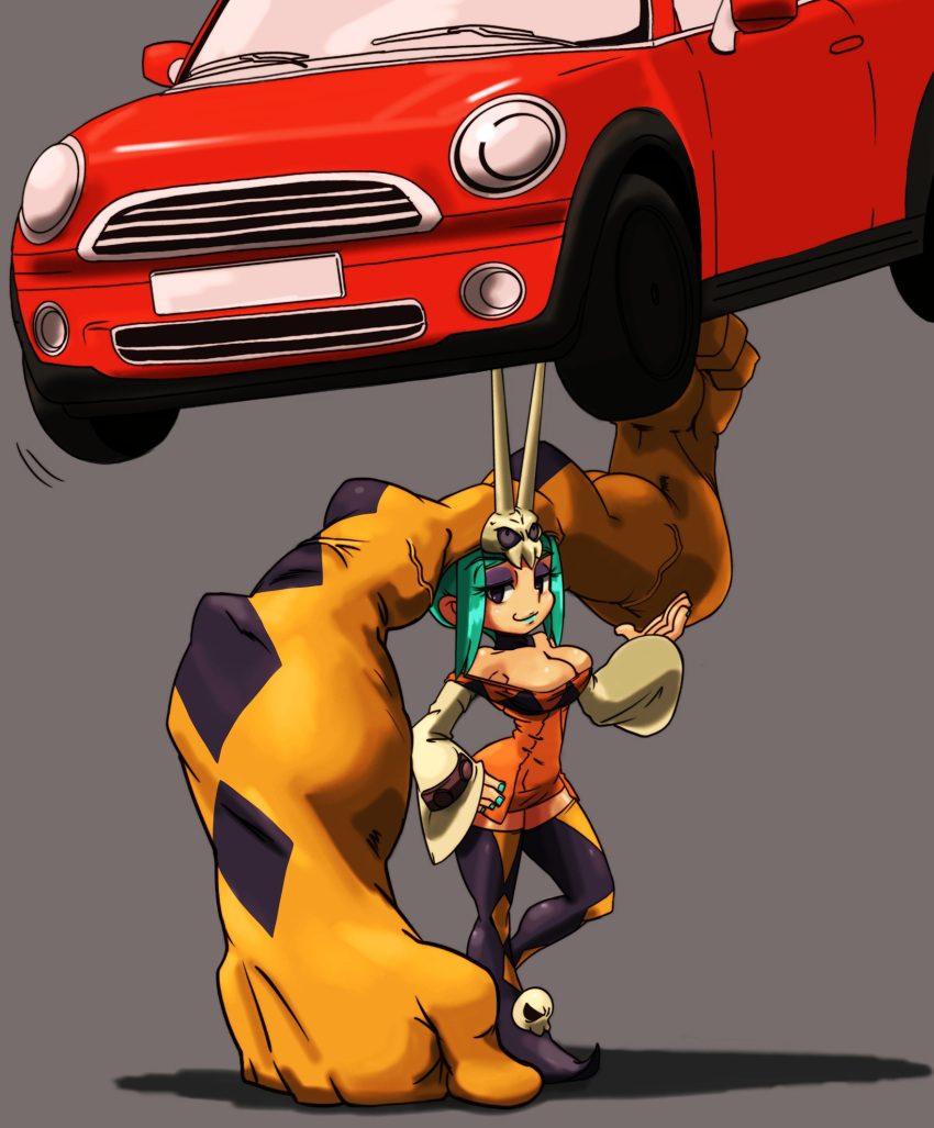 1girl, boots, breasts, car, cerebella_(skullgirls), cleavage, dark_skin, detached_sleeves, green_hair, hand_on_hip, hashigaya, high_heels, highres, hips, large_breasts, living_clothes, mini_cooper, motor_vehicle, muscle, nail_polish, purple_eyes, shoes, skull, skullgirls, smile, solo, thigh-highs, thigh_boots, thighhighs, vehicle, vice-versa_(skullgirls)