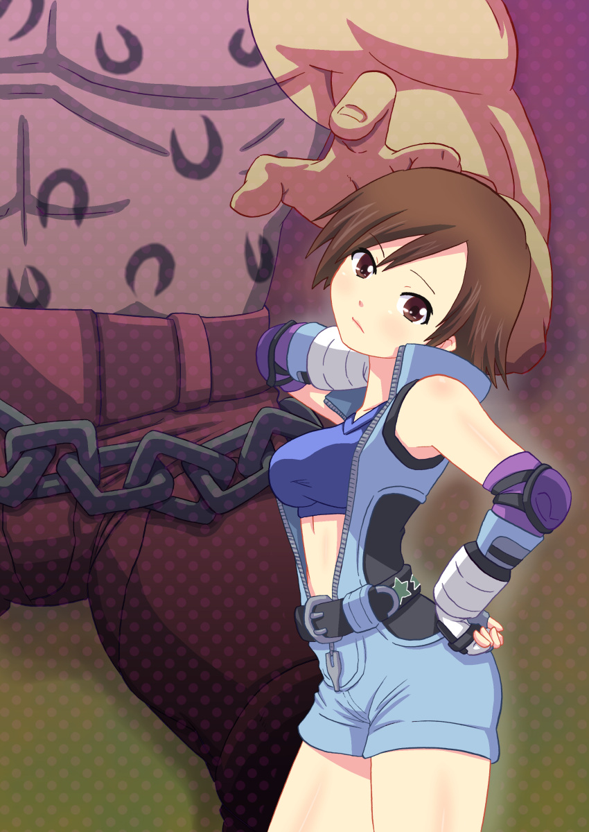 1boy, 1girl, absurdres, brown_eyes, brown_hair, crossover, hand_on_hip, highres