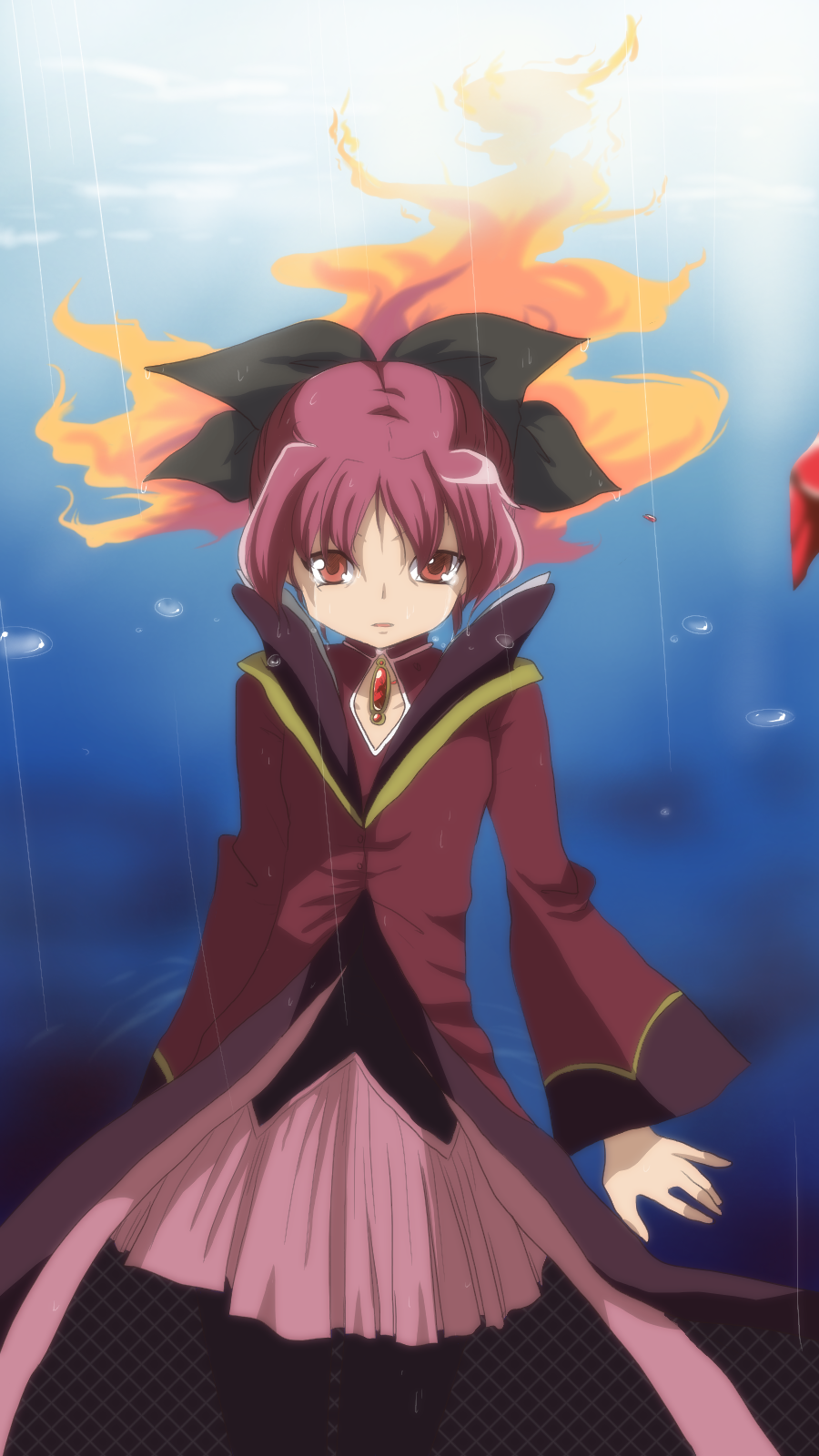 cresento, dress, fiery_hair, fire, highres, long_hair, mahou_shoujo_madoka_magica, ophelia_(madoka_magica), pantyhose, personification, ponytail, rain, red_eyes, red_hair, redhead, sakura_kyouko, skirt, spoilers, tears, thigh-highs, thighhighs, witch_(madoka_magica)