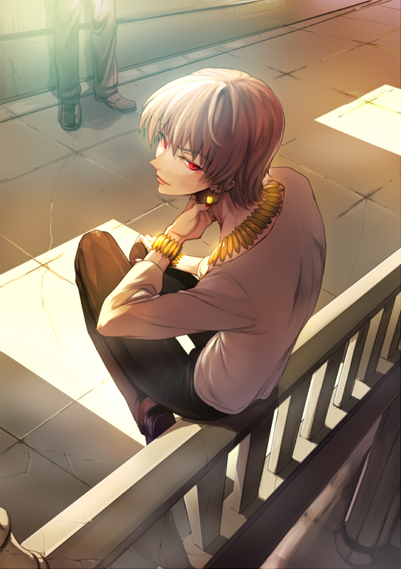 2boys, blonde_hair, bracelet, casual, earrings, fate/zero, fate_(series), gilgamesh