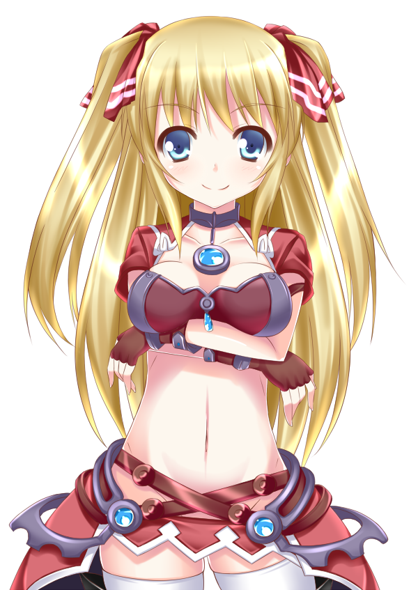 aosi_(wasabiranzy), blonde_hair, blue_eyes, breast_hold, choker, crossed_arms, hair_ribbon, long_hair, looking_at_viewer, midriff, navel, ribbon, simple_background, smile, solo, sword_x_sword, thighhighs, two_side_up, white_background, white_legwear