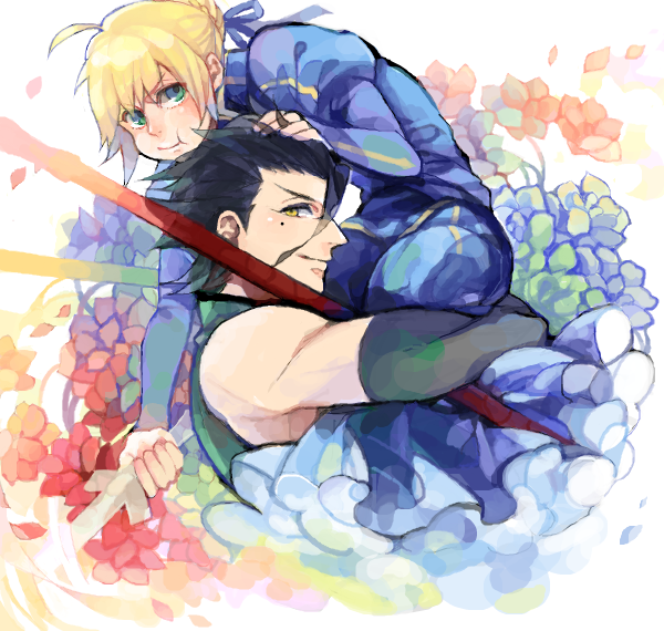 1girl, ahoge, black_hair, blonde_hair, drawr, dress, excalibur, fate/zero