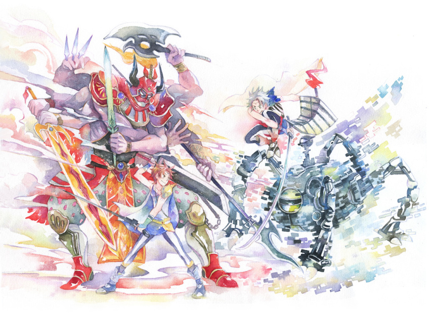 axe, battle, buster_sword, butz_klauser, chako_(mocomoco10), chako_(pixiv), colored_pencil_(medium), dissidia_final_fantasy