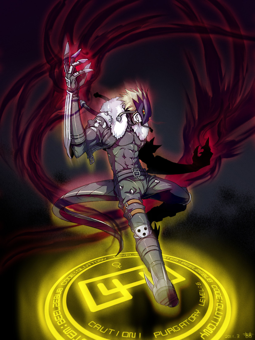 beelzebumon, belt, berenjena, blonde_hair, buckle, claws, dark_aura, demon