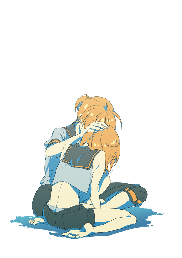 1boy, 1girl, blonde_hair, feet, hand_on_head, hands, kagamine_len, kagamine_rin, male, naya_(448), pat, petting, ponytail, sad, short_hair, shorts, siblings, simple_background, twins, vocaloid