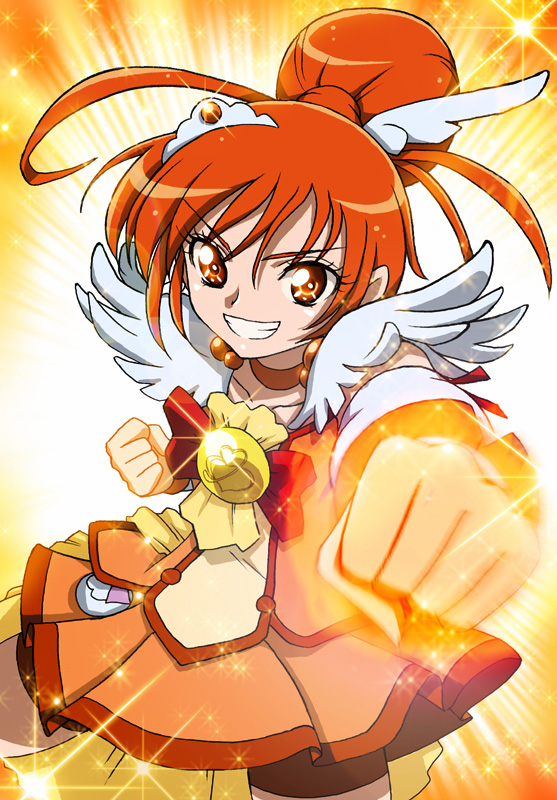 bike_shorts, bow, clenched_hand, clenched_hands, cure_sunny, dress, flame, glowing