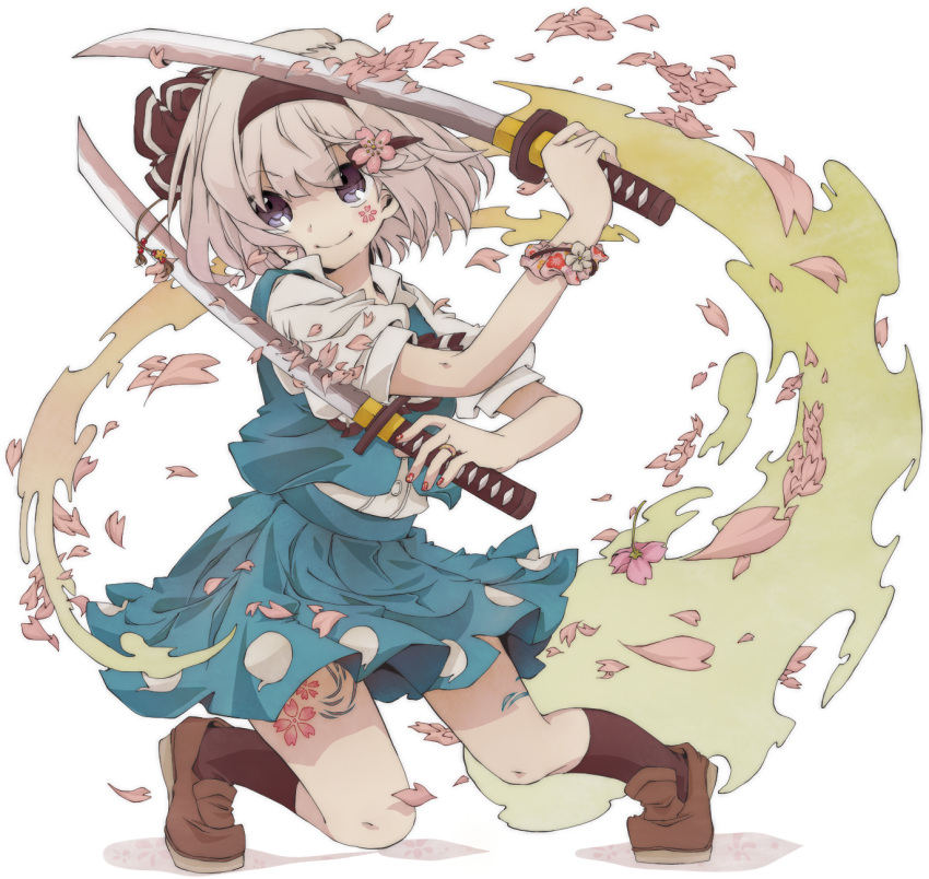 cherry_blossoms, dual_wielding, grey_hair, hair_ornament, hairband, hairpin, henki_(orange), highres