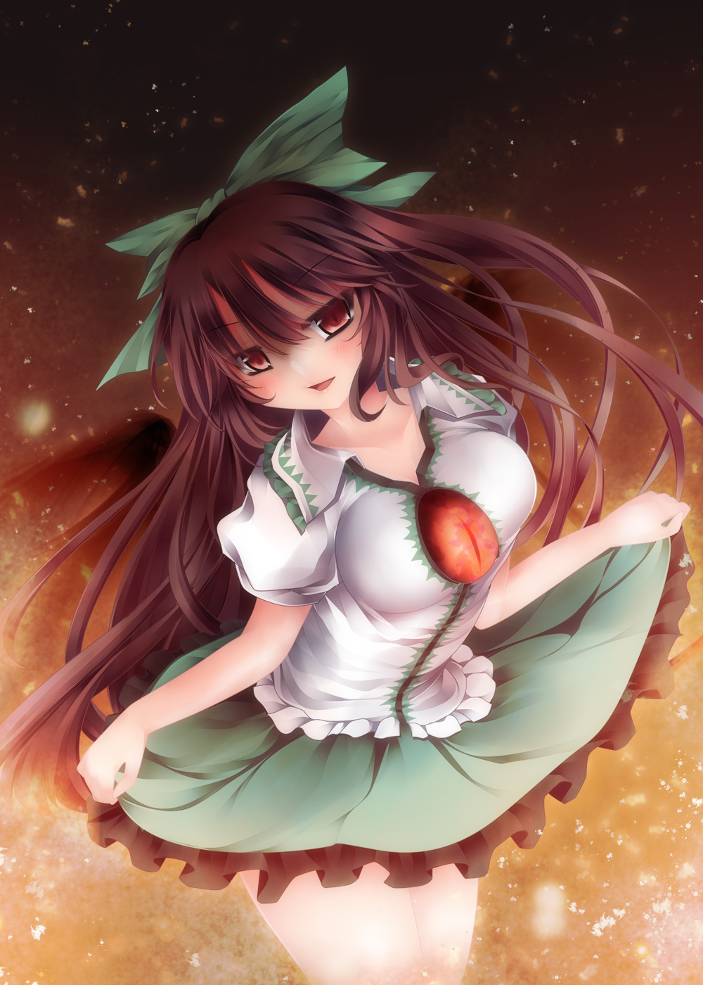 brown_hair, bunchin_(siso_junzy), frills, highres, long_hair, open_mouth, red_eyes, reiuji_utsuho