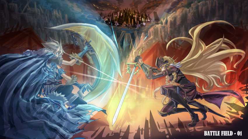 armor, axe, blonde_hair, blue_eyes, braid, cape, facial_mark, fur, gloves, grey_hair, helmet, highres, lai-ja, milanor, sword, weapon, yggdra_union