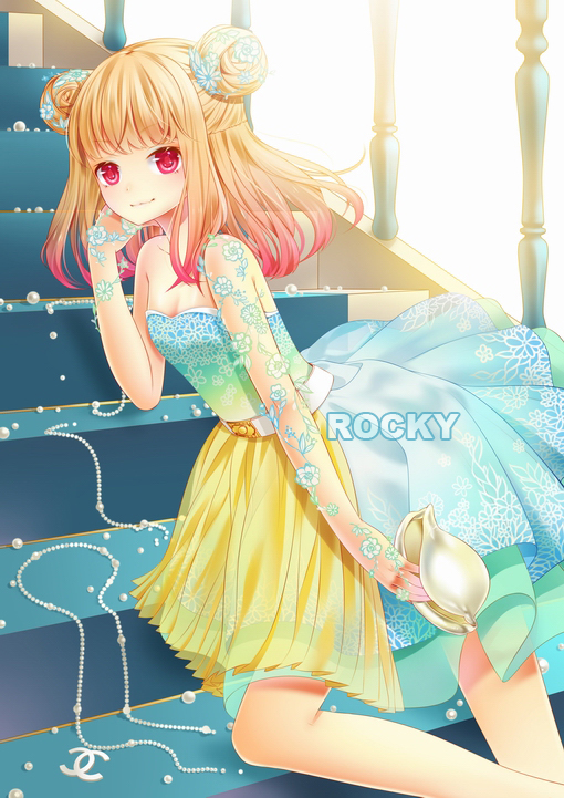 blonde_hair, double_bun, dress, jewelry, lying, necklace, on_side, original, pearl, red_eyes, rocky_(chendongjian), seashell, shell, solo, stairs
