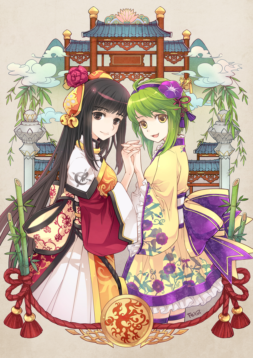 black_hair, brown_eyes, character_request, dress, feiwing, flower, green_hair, hair_flower