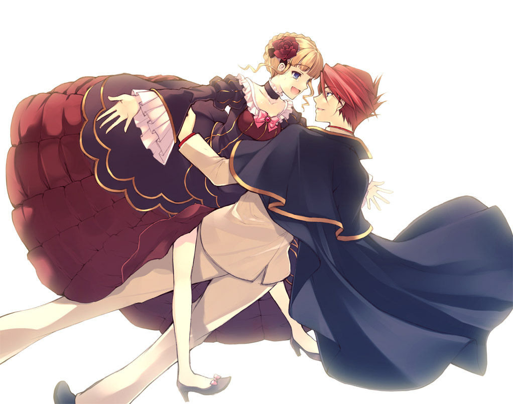 blonde_hair, blue_eyes, bow, cape, choker, dress, flower, formal