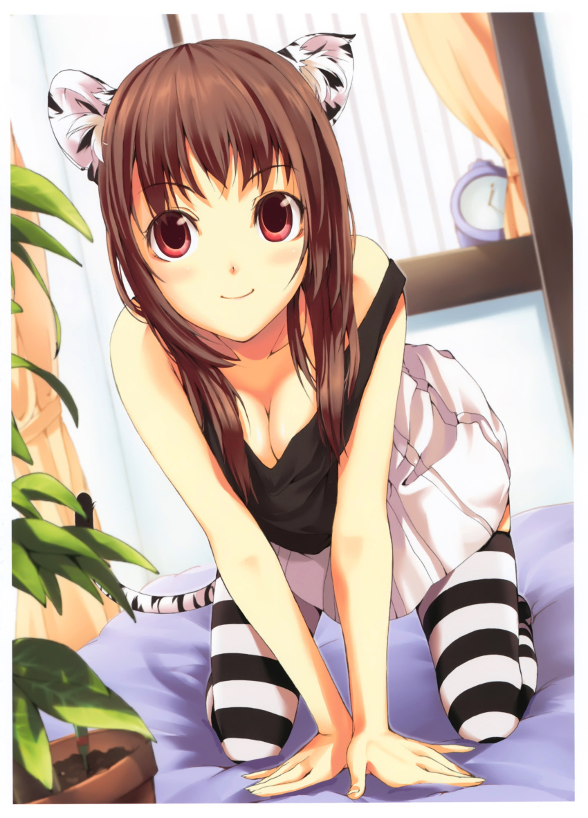 absurdres, all_fours, animal_ears, bed, blurry, breasts, brown_hair, cleavage