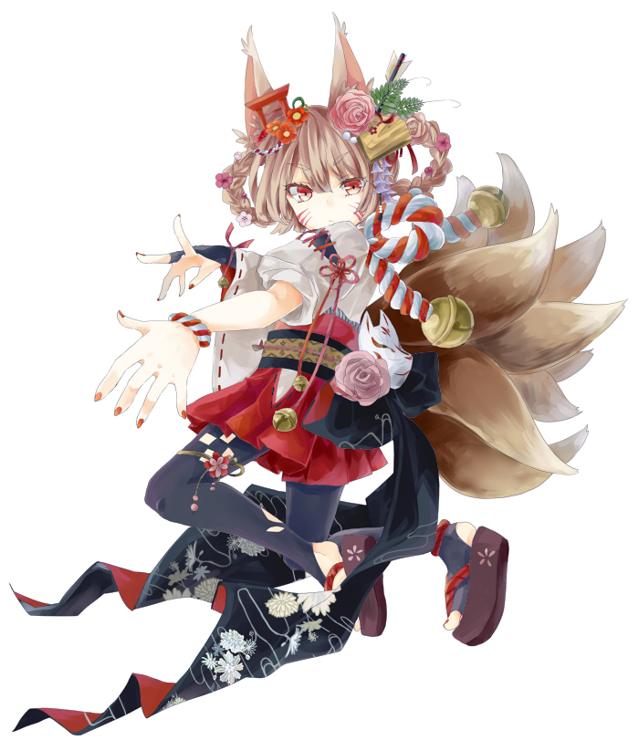 animal_ears, flower, fox_ears, fox_tail, hair_flower, hair_ornament, japanese_clothes, kimono, leggings, lunica, makeup, multiple_tails, original, pantyhose, solo, tail