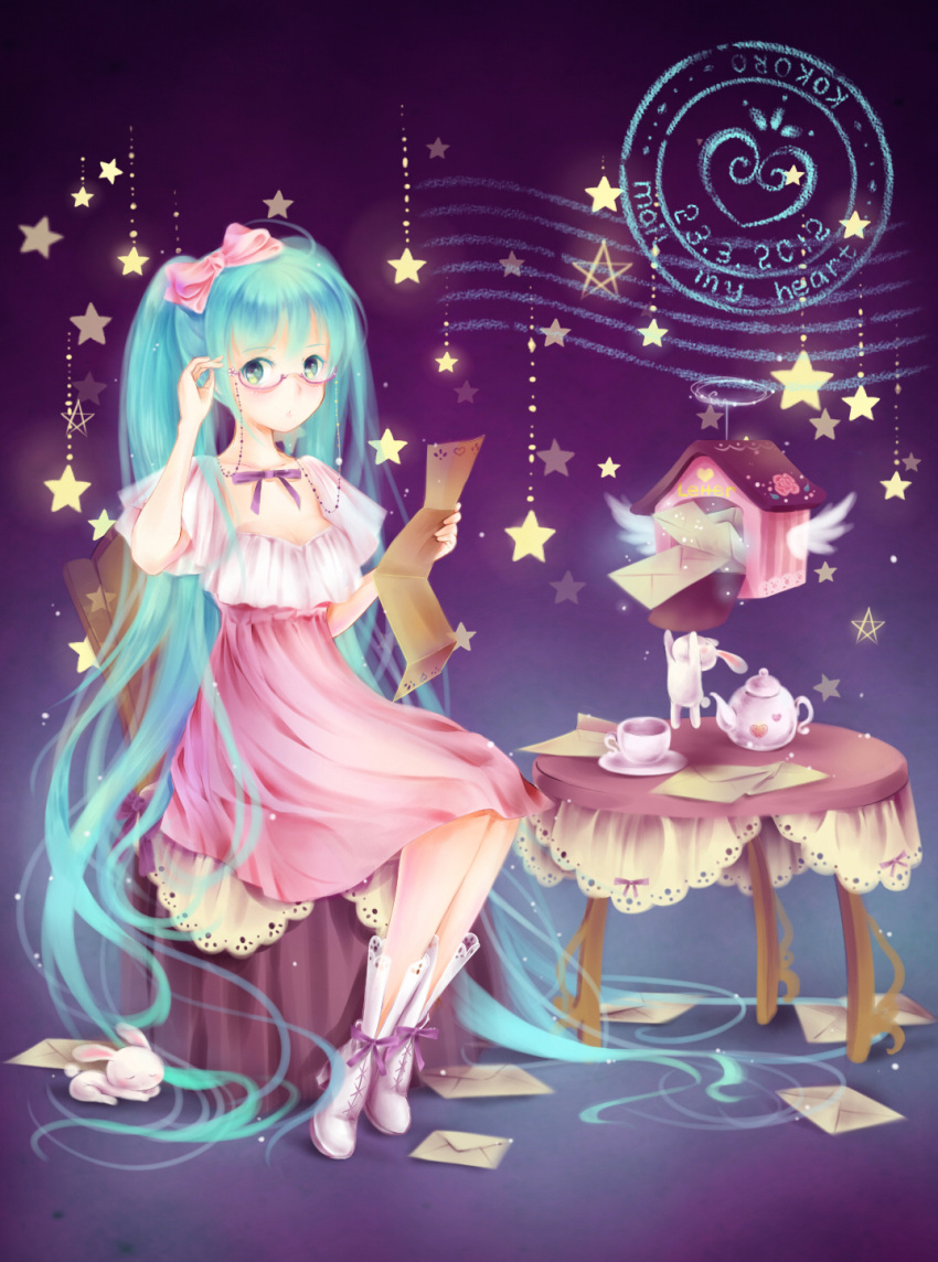 adjusting_glasses, aqua_eyes, aqua_hair, bunny, chair, cup, dress, emurina