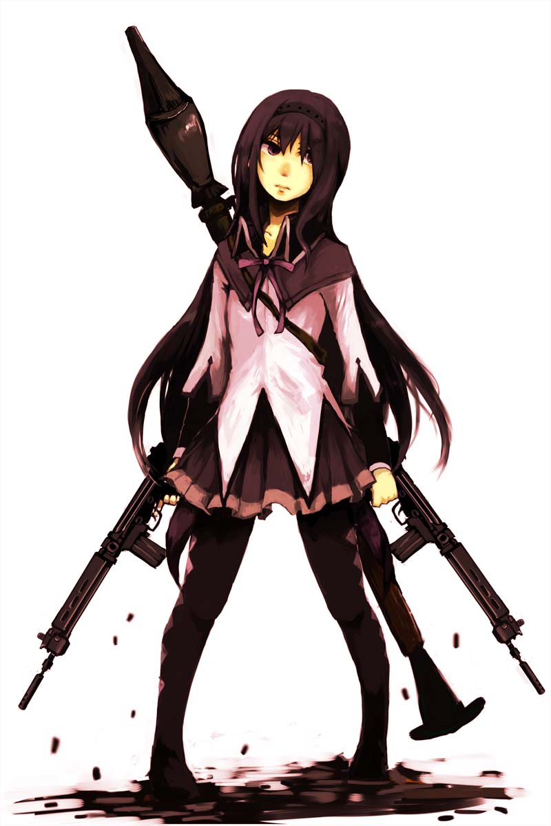 akemi_homura, argyle, argyle_legwear, battle_rifle, black_hair, dual_wielding, fn_fal, gun