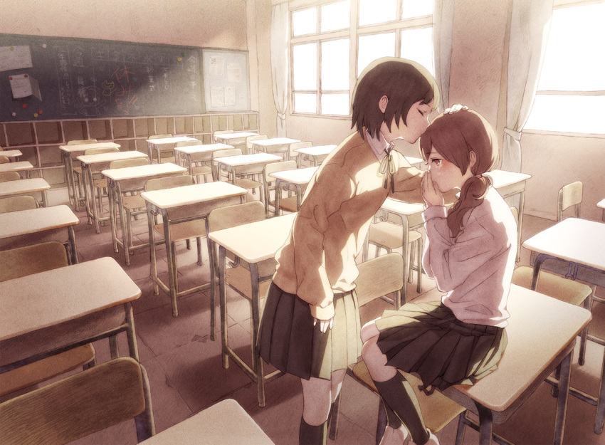 2girls, ame_(artist), ame_(conronca), blush, brown_eyes, chalkboard, classroom, forehead_kiss, hand_on_head, kiss, kneehighs, long_hair, multiple_girls, original, pleated_skirt, ponytail, school, school_desk, school_uniform, short_hair, sitting, skirt, socks, sunlight, tears, window, yuri
