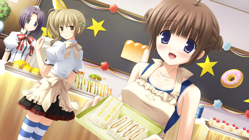 apron, blue_eyes, brown_eyes, brown_hair, food, game_cg, ikegami_akane, makiya_sumika