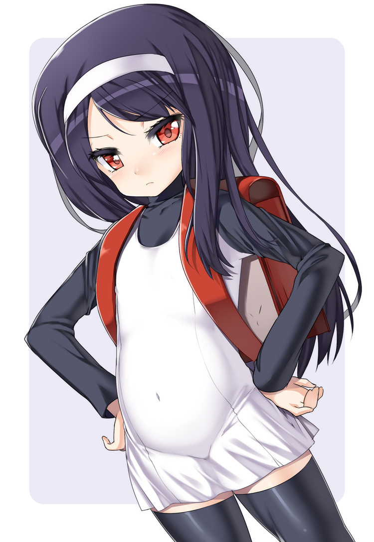 bag, belly, black_hair, character_request, dress, hairband, hands_on_hips, long_hair, nagase_haruhito, randoseru, red_eyes, sako_erika, soul_hackers, thigh-highs, thighhighs, zettai_ryouiki