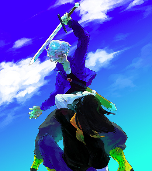 android_17, battle, black_hair, dragon_ball, dragon_ball_z, male, mu_(haminimo), purple_hair, short_hair, sky, sword, trunks_(dragon_ball), weapon