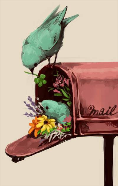 bird, clover, copyright_request, efu_(eeeeeat), flower, mailbox, no_humans, simple_background