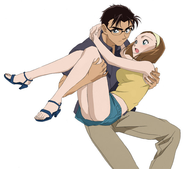 1girl, black_hair, brown_hair, carrying, couple, detective_conan, glasses, hairband