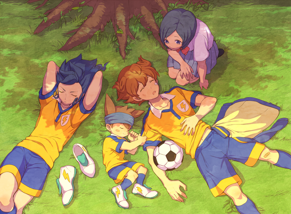 3boys, blue_eyes, blue_hair, brown_hair, grass, inazuma_eleven, inazuma_eleven_(series), inazuma_eleven_go