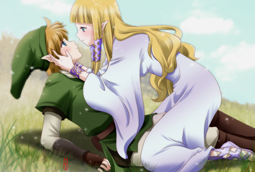 1boy, 1girl, blue_eyes, blush, bracelet, cloud, couple, eye_contact, fingerless_gloves, girl_on_top, gloves, grass, hands_on_another's_face, hat, incipient_kiss, jewelry, link, long_hair, looking_at_another, love, machinosuke, nintendo, pointy_ears, princess_zelda, sandals, short_hair, sky, skyward_sword, the_legend_of_zelda