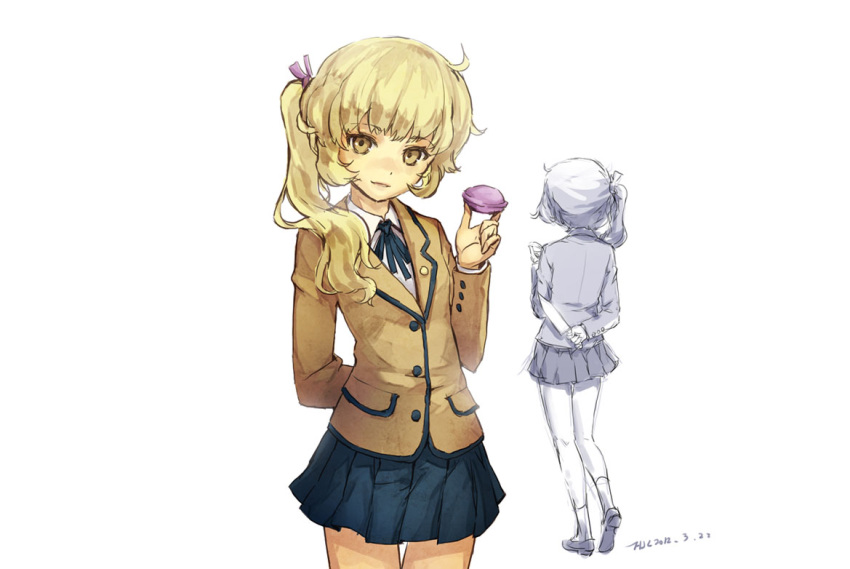 arm_behind_back, black_rock_shooter, blazer, blonde_hair, blood, hjl, izuriha_kagari, knife