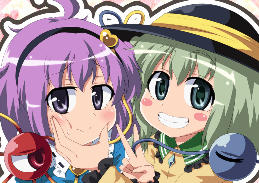 blush_stickers, cheek_squash, close-up, eyeball, face, green_eyes, green_hair, grin, hairband, hat, heart, heart-shaped_pupils, komeiji_koishi, komeiji_satori, masara, multiple_girls, purple_eyes, purple_hair, siblings, sisters, smile, symbol-shaped_pupils, third_eye, touhou, v, violet_eyes