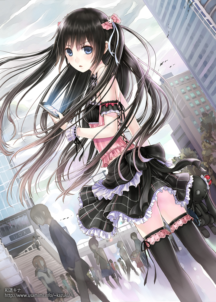black_hair, black_legwear, blue_eyes, cellphone, crowd, denpa_(kazuharu), frills, hair_ribbon