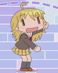 ahoge, animated, animated_gif, blonde_hair, blush, clenched_hands, dancing, footwear