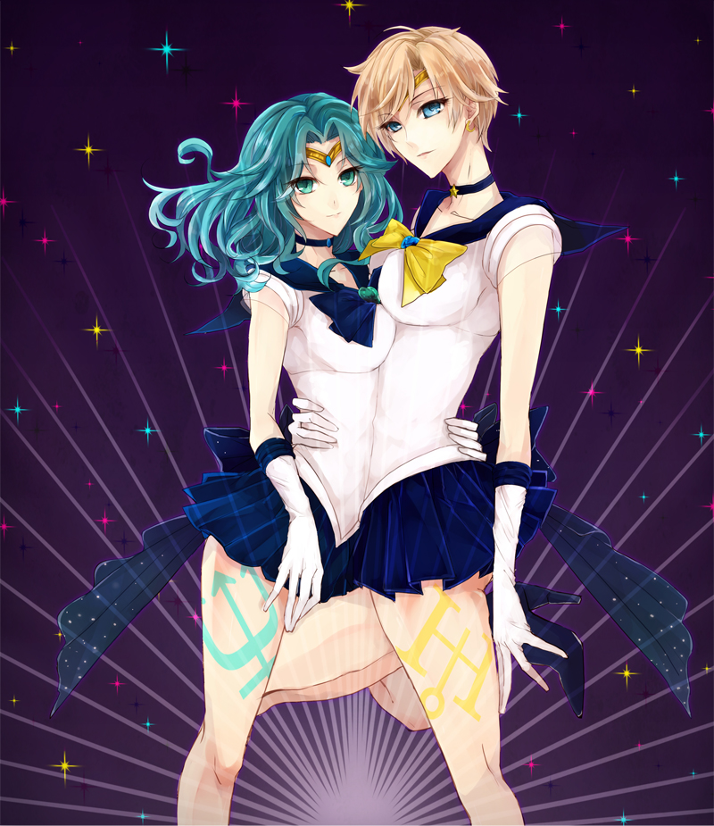 9tsumura, bad_id, bishoujo_senshi_sailor_moon, blue_eyes, bow, breasts, brown_hair, choker, couple, gloves, green_eyes, green_hair, heart, kaiou_michiru, long_hair, magical_girl, multiple_girls, neptune_symbol, outer_senshi, pleated_skirt, purple_background, ribbon, sailor_neptune, sailor_senshi, sailor_uranus, short_hair, skirt, smile, standing_on_one_leg, super_sailor_neptune, super_sailor_uranus, ten'ou_haruka, ten'ou_haruka, tiara, uranus_symbol