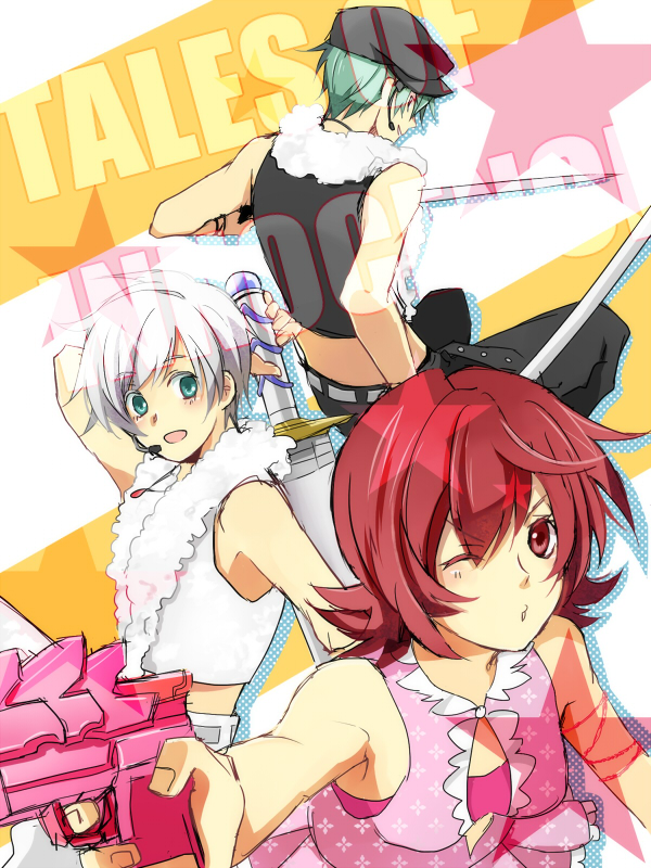 2boys, alternate_costume, colored_eyelashes, green_eyes, green_hair, gun, hat, headphones