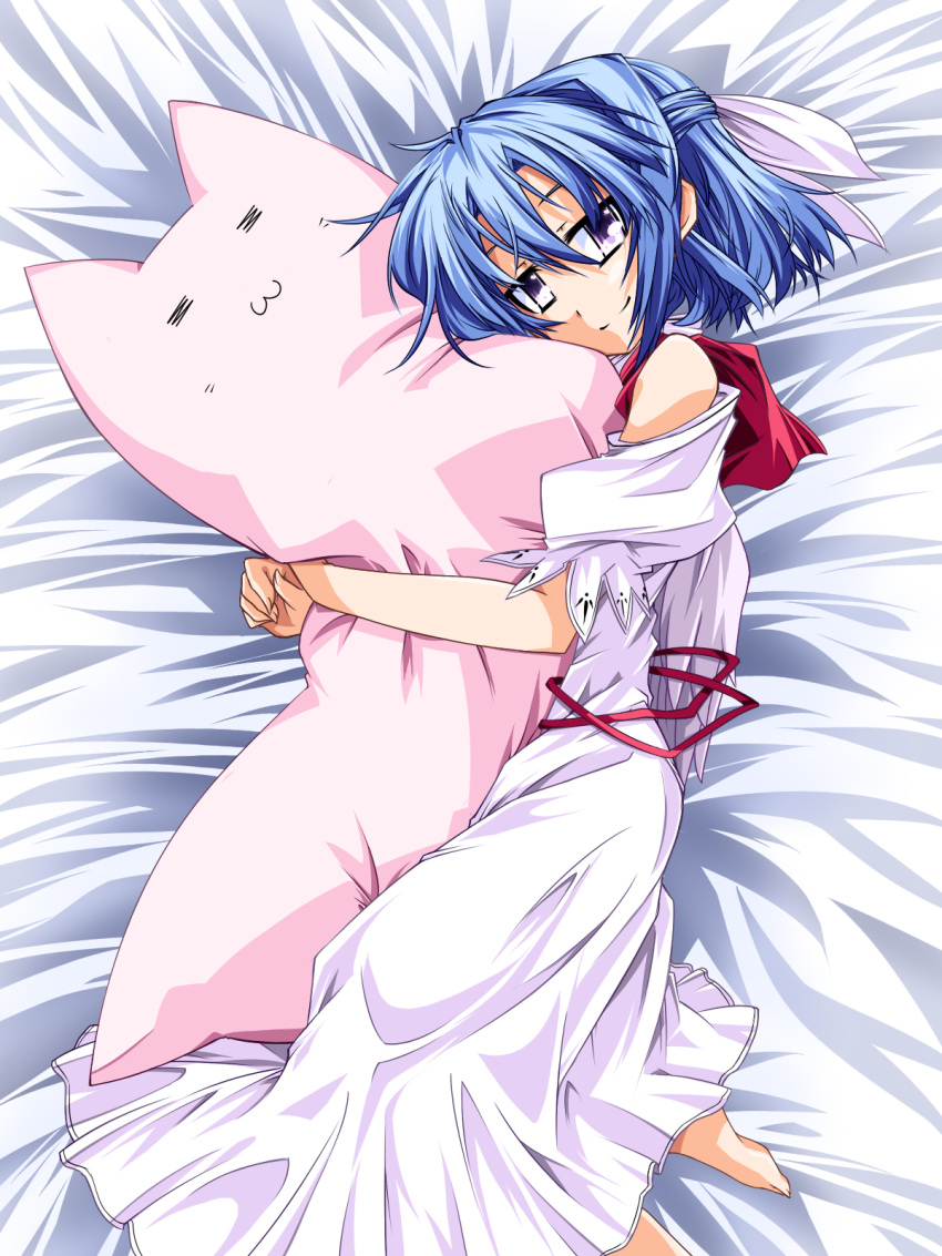:3, =_=, bare_shoulders, barefoot, blue_hair, dakimakura_(object), half_updo, hemogurobin_a1c