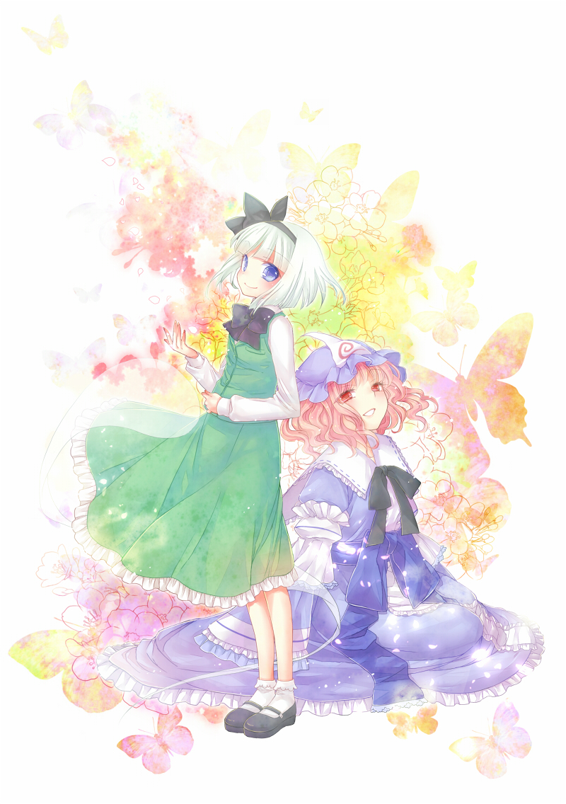 blue_eyes, blush, bobby_socks, bowtie, butterfly, cherry_blossoms, dress_shirt, ghost, hairband, hat, hitodama, japanese_clothes, konpaku_youmu, konpaku_youmu_(ghost), mary_janes, midori_(green_tea), multiple_girls, petals, pink_eyes, pink_hair, red_eyes, saigyouji_yuyuko, shirt, shoes, short_hair, silver_hair, sitting, skirt, skirt_set, smile, socks, standing, touhou, triangular_headpiece, vest, white_legwear