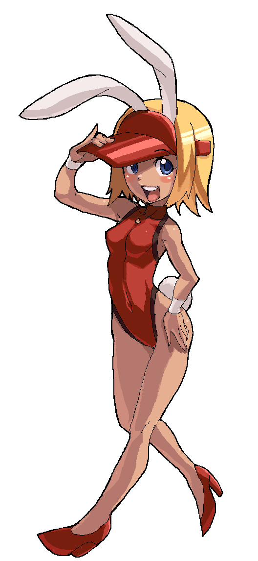 :d, animal_ears, arcana_heart, arcana_heart_2, blush, bunny_ears, bunny_tail, bunnysuit, catherine_kyoubashi, dark_skin, hat, high_heels, looking_at_viewer, one-piece_swimsuit, open_mouth, shoes, simple_background, smile, solo, swimsuit, tail, tomoyohi, white_background