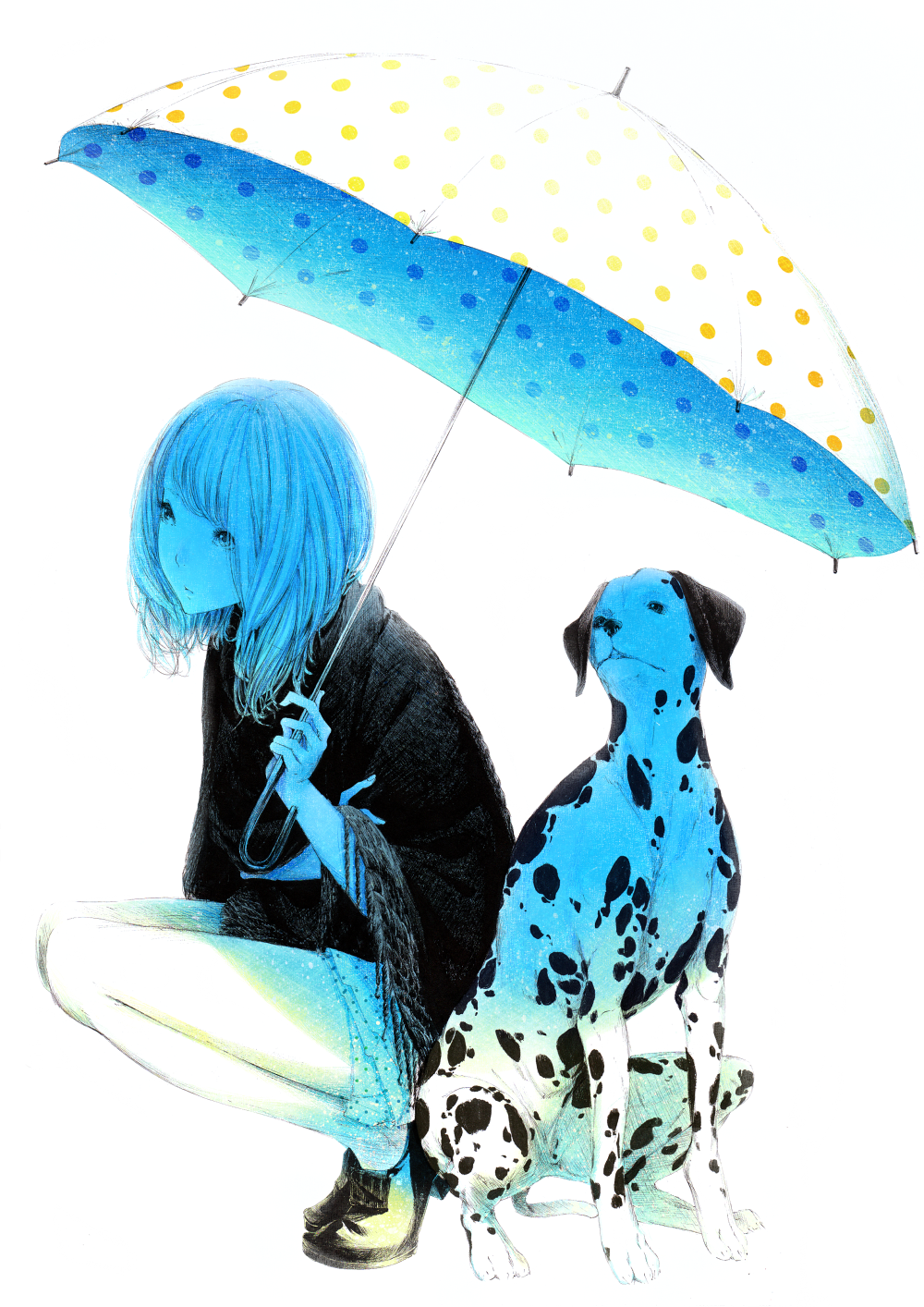 dalmatian, dog, highres, original, parasol, partially_colored, polka_dot, sawasawa