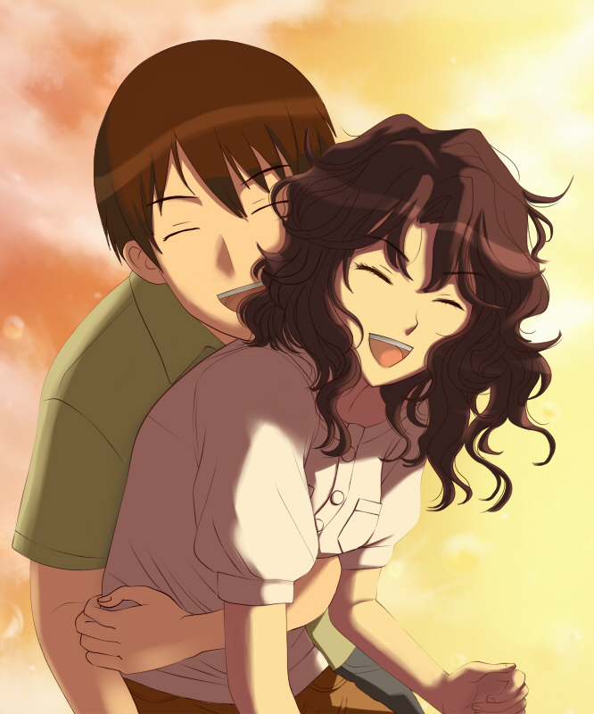 1boy, 1girl, amagami, brown_hair, closed_eyes, coroske, couple, curly_hair