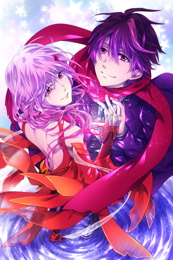 1girl, couple, guilty_crown, hair_ornament, hairclip, kamu_(camui), long_hair, ouma_shuu, pink_eyes, pink_hair, scarf, smile, yuzuriha_inori