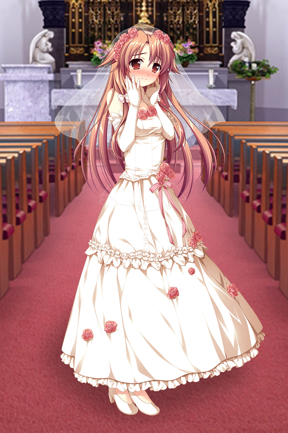alpha_(artist), angel, artist_request, blurry, blush, bridal_veil, church, depth_of_field, dress, elbow_gloves, flower, gloves, hands_on_own_cheeks, hands_on_own_face, highres, isozaki_renka, okiba_ga_nai!, rose, source_request, translated, veil, wedding_dress