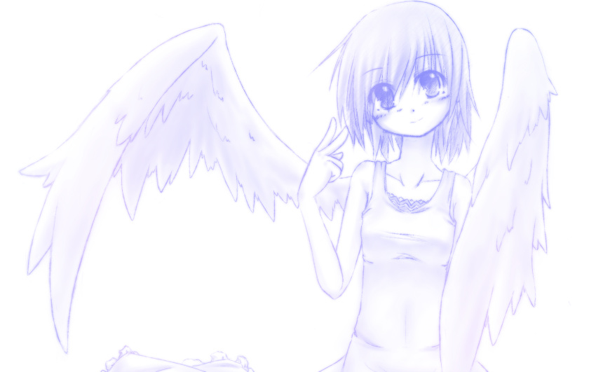 1girl, angel_wings, blush, collarbone, hetare_miia, highres, monochrome, original