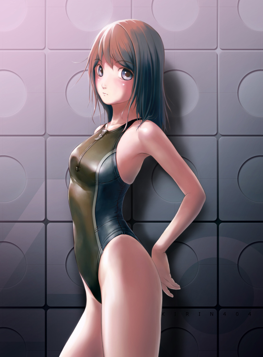 brown_hair, competition_swimsuit, grey_eyes, highres, kirin404, one-piece_swimsuit, original, short_hair