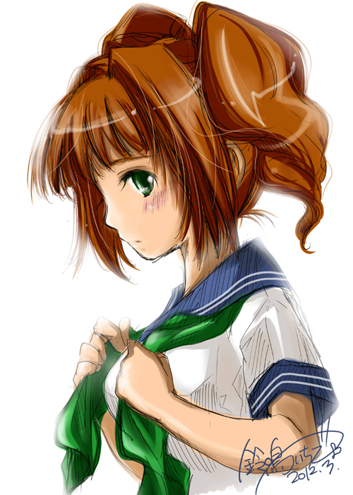 brown_hair, green_eyes, idolmaster, long_hair, profile, school_uniform, serafuku, solo, suzunari_ichigo, takatsuki_yayoi, twintails