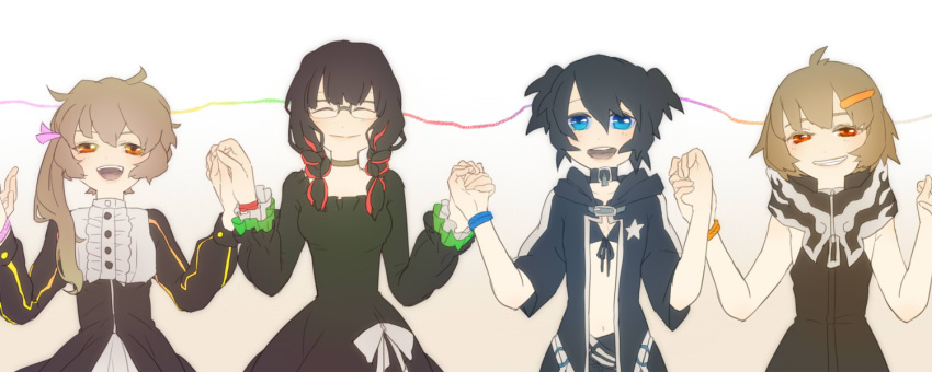 black_hair, black_rock_shooter, black_rock_shooter_(character), blue_eyes, brown_hair, chariot_(black_rock_shooter), closed_eyes, dead_master
