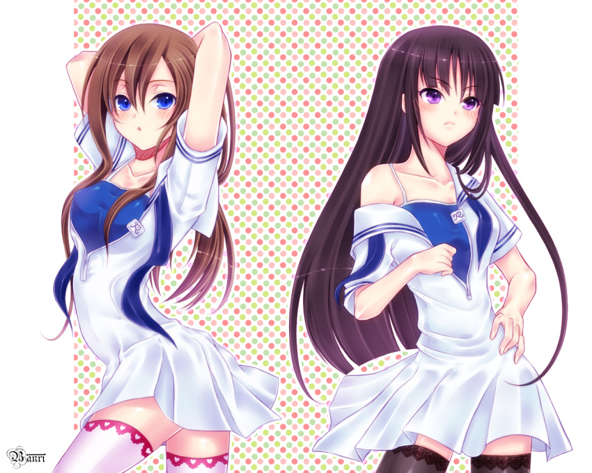 2girls, banri, black_hair, blue_eyes, brown_hair, long_hair, multiple_girls, original, purple_eyes, school_swimsuit, school_uniform, serafuku, swimsuit, swimsuit_under_clothes, thigh-highs, thighhighs, undressing, violet_eyes