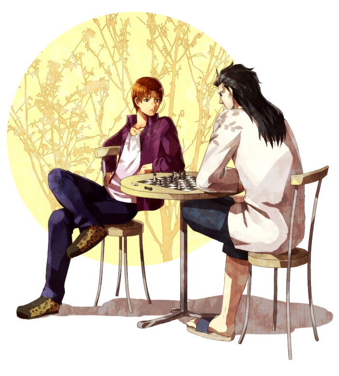 2boys, asurafkmt, black_eyes, black_hair, caster_(fate/zero), casual, chair, chess